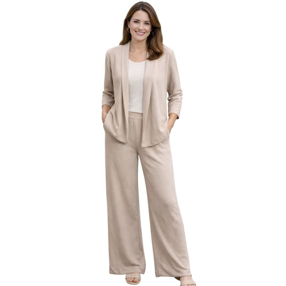Premise Beige Knit Pantsuit Set Open Front Jacket Wide Leg Pants Medium